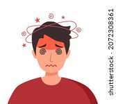 Sick man having dizzy symptom in flat design on white background. Guy feeling vertigo. Dizziness illness.