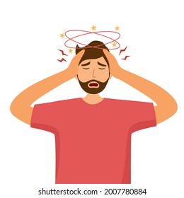 Sick Man Having Dizzy Symptom In Flat Design On White Background. Guy Feeling Vertigo. Dizziness Illness.