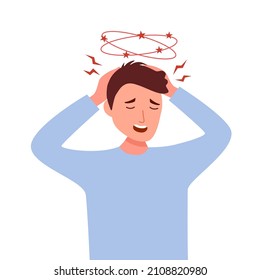 Sick man having dizzy symptom in flat design on white background. Guy feeling vertigo. Dizziness illness.