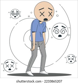 Sick man having dizzy symptom in flat design on white background. Guy feeling vertigo. Dizziness illness. Dizzy Man Feeling Sick Vector Cartoon Illustration Nauseated inebriated person having spinning