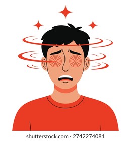 Sick man having dizzy symptom in flat design on white background guy feeling vertigo dizziness illness medical illustration for healthcare education and awareness