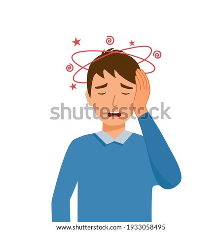 Sick man having dizzy symptom in flat design on white background. Male feeling vertigo. Dizziness illness.