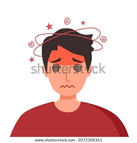 Sick man having dizzy symptom in flat design on white background. Guy feeling vertigo. Dizziness illness.