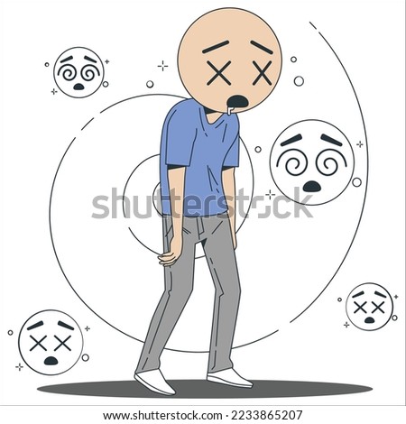 Sick man having dizzy symptom in flat design on white background. Guy feeling vertigo. Dizziness illness. Dizzy Man Feeling Sick Vector Cartoon Illustration Nauseated inebriated person having spinning