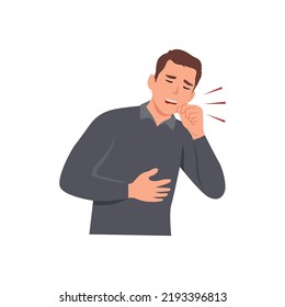 Sick Man Having Dry Cough. Male Person With Asthma, Allergy Or Cold. Sick Guy. Man With Respiratory Disease Symptom. Isolated Vector Illustration In Cartoon Style