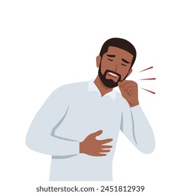 Sick man having dry cough. Man with asthma, allergy or cold. Sick. Flat vector illustration isolated on white background