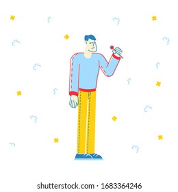 Sick Man Having Fever. Diseased Male Character Holding Thermometer and Suffering of Covid-19 Infection Symptoms. Coronavirus Pandemic Contagious, Flu and Cold Illness,. Linear Vector Illustration