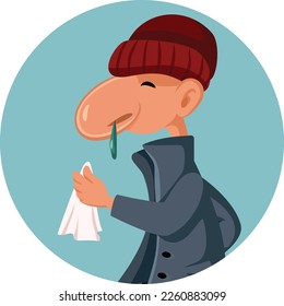 
Sick Man Having Green Mucus Problems Flu Infection Vector Illustration. Person suffering from stuffy and runny nose during allergy season
