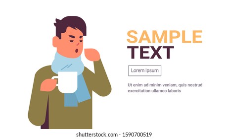 sick man having sneeze drinking hot tea unhealthy guy in scarf suffering from cold flu virus illness concept flat portrait copy space horizontal vector illustration
