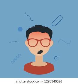 Sick man with headache. Flu and cough symptoms. Unhappy character. Vector isolated illustration
