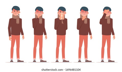 A sick man with headache, sore throat, runny nose and fever. Season viral infection and respiratory disease concept. Vector flat isolated on are white.
