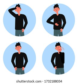 

Hombre enfermo con dolor de cabeza, dolor de dientes, erupciones en el cuerpo y dolor abdominal, colección de ilustraciones, vector