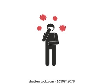Sick man with health mask and flying viruses isolated on white background. Simple concept of flu. Vector illustration