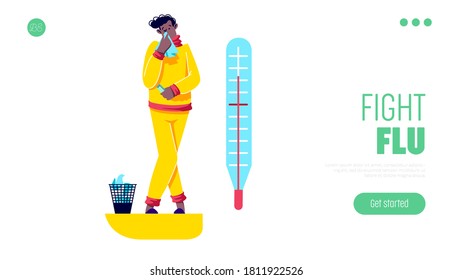 Sick man with high temperature and fever suffer from flu over template landing page background. Cartoon male character treating illness or allergy. Vector illustration