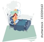 A sick man with high temperature leaning on a bed
