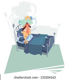 A Sick Man With High Temperature Leaning On A Bed