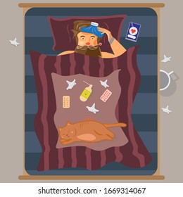 A sick man with high temperature lying on a bed. Male feeling ill fever. Home treatment, bed rest.  Cartoon character with a cat and pills. Stock vector illustration.