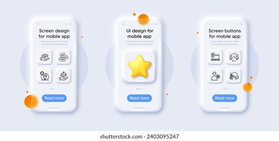 Enfermo, caja de retención y paquete de iconos de línea de ingeniero. 3d teléfono se burla de la estrella. Pantalla de teléfono inteligente de vidrio. Protección contra coronavirus, escalas de justicia, icono de la web intestinal. Vector