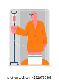 Sick man hold on to drip stand, having treatment at home. Time to get home treatment concept. Support and care for old people. Flat vector illustration in cartoon style