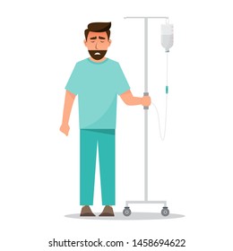 sick man holding saline bag in hospital. vector illustration cartoon character flat style