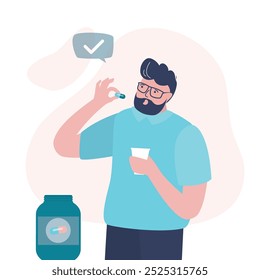 Sick man holds pill and water in hands. Male character takes pills and drinks them with water. Treatment and fight against viruses, healthcare. Guy with medicines. Antibiotic, painkiller. flat vector