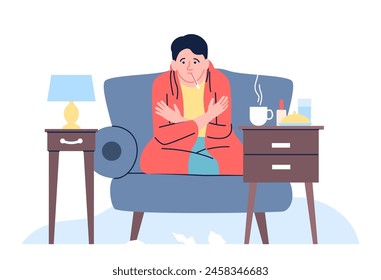 Sick man at home. Boy sitting in armchair with thermometer, hot tea and medications. Influenza or cold, treatment disease recent vector character