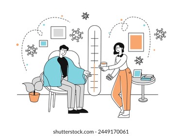 Sick man indoors simple. Young guy suffer from cold and flu. Woman give hot drinks to lover. Health care and treatment, medicine. Linear flat vector illustration isolated on white background