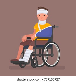 A sick man with injuries and gypsum sits in a wheelchair. Vector illustration in a flat style