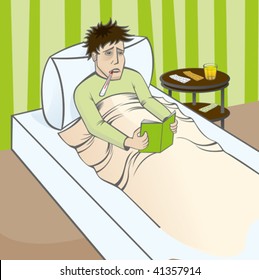 sick man lies in the bed and reads a book