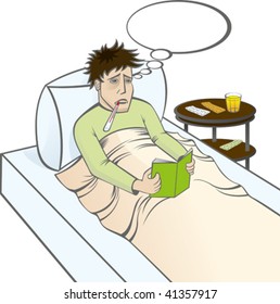 sick man lies in the bed and reads a book