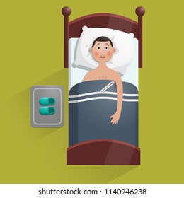 A sick man lies in bed with a thermometer. Vector illustration.