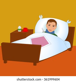 A sick man lies in bed with a thermometer