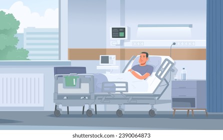 Sick man lies in bed in a ward in a hospital. Hospitalization of the patient. Vector illustration in flat style