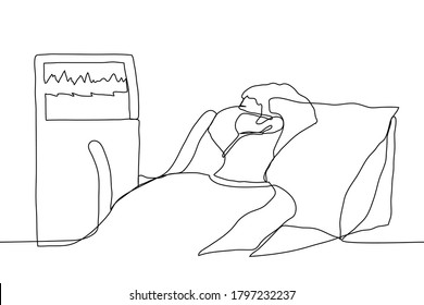 sick man lies on a hospital bed with a connected ventilator. Consequences of pneumonia, lung disease, coronavirus. One continuous line drawing of a man lies and breathes with medical equipment