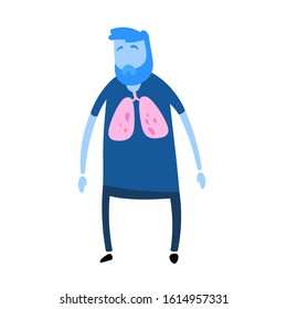 Sick man with lung disease. Cartoon design icon. Colorful flat vector illustration. Isolated on white background.