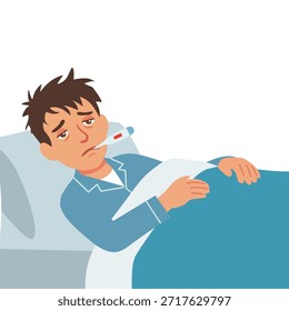 Sick man lying in bed with fever, cartoon illustration style, isolated on white background. Illness, healthcare, flu symptoms, recovery, and medical concept