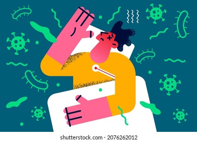 Sick man lying in bed measure high temperature with thermometer suffer from covid-19 symptoms. Ill guy relax at home struggle with flu or fever. Health problem. Healthcare. Vector illustration. 