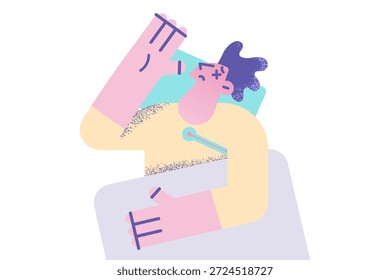 Sick man lying in bed measure high temperature with thermometer suffer from covid-19 symptoms. Ill guy relax at home struggle with flu or fever. Health problem. Healthcare. Vector illustration.