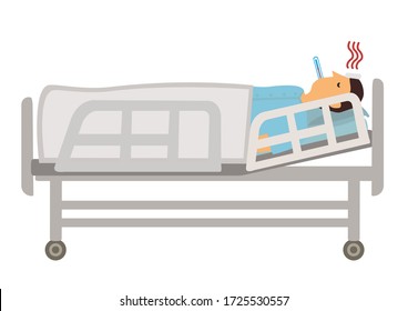 Sick Man Lying In Bed With Thermometer In Mouth Covered In Blanket Measuring Temperature In Hospital. Man Sweating From Fever. Cartoon Character Isolated Vector Illustration.