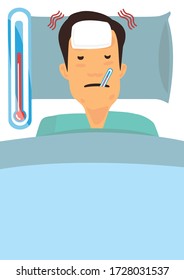 Sick Man Lying In Bed With Thermometer In Mouth Covered In Blanket Measuring Temperature. Man Sweating From Fever. Cartoon Character Isolated Vector Illustration.