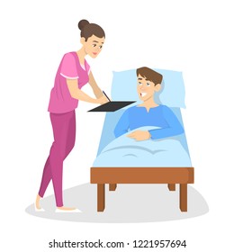 Sick Man Lying In Hospital Bed. Doctor Make Medical Examination. Idea Of Healthcare And Treatment. Isolated Vector Illustration In Cartoon Style