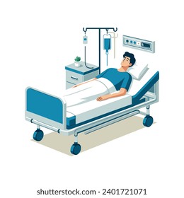 Hombre enfermo tendido en la cama de hospital diseño plano ilustración vectorial.