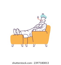 Sick man lying on sofa. Vector illustration in line art style