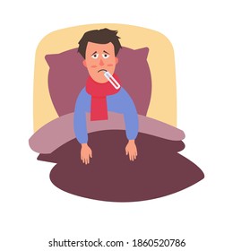 Sick man lying under the blanket with thermometer in the mouth.Unhappy character. Flu symptom. Virus influenza infection.Vector cartoon illustration.