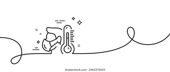 Kranker Mann mit Maskenlinien-Symbol. Durchgehend eine Zeile mit Curl. Temperaturthermometer. Symbol für Grippekrankheit. Sick Man Single Outline Band. Loop-Kurvenmuster. Vektorgrafik