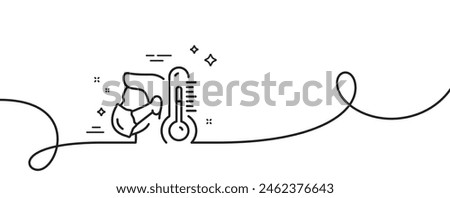 Sick man with mask line icon. Continuous one line with curl. Temperature thermometer sign. Flu illness symbol. Sick man single outline ribbon. Loop curve pattern. Vector