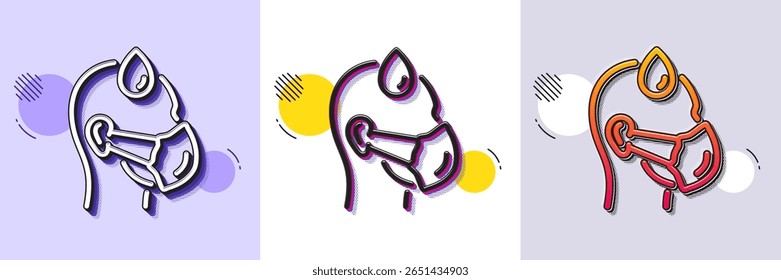 Sick man with medical mask line icon. Halftone dotted pattern. Gradient icon with grain shadow. Safety respiratory mask sign. Coronavirus face protection symbol. Line sick man icon. Vector