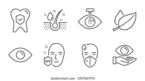 Sick man, Mint leaves and Eye icons set. Dental insurance, Uv protection and Health eye signs. Vector