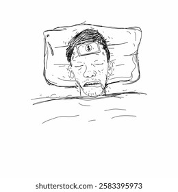 Sick man with a money compress, a minimalist sketch reflecting financial struggles and healthcare costs