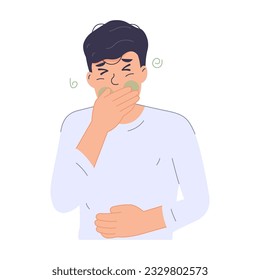 Sick man with nausea, hand holding his mouth. modern trendy style. Hand drawn vector character illustration. Isolated on white background.